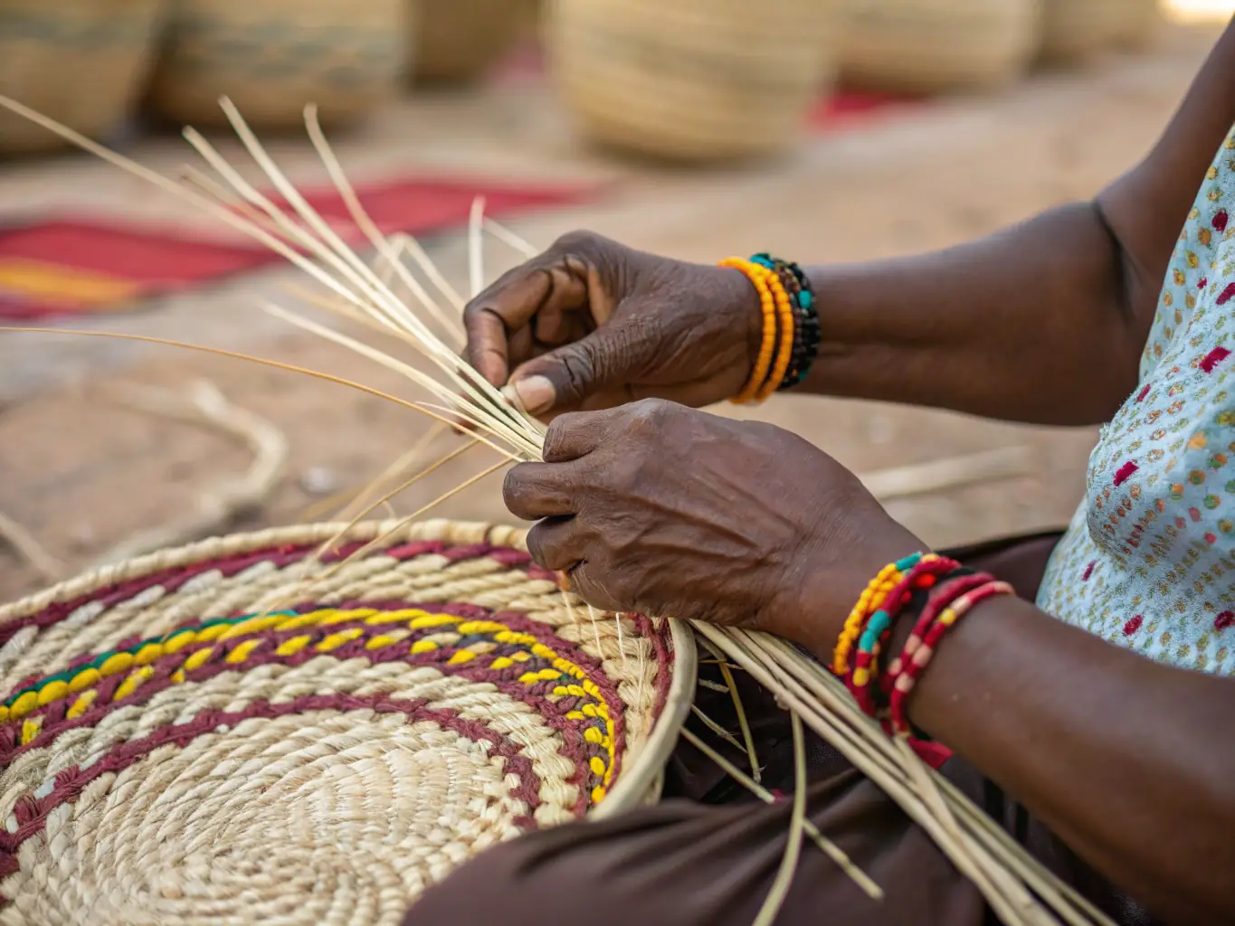 A close-up shot of a skilled artisan weaving a basket from natural fibers in a bright, sunlit workshop. The focus is on the artisan's hands and the intricate weaving pattern, highlighting the craftsmanship involved in creating Scandweave's products.